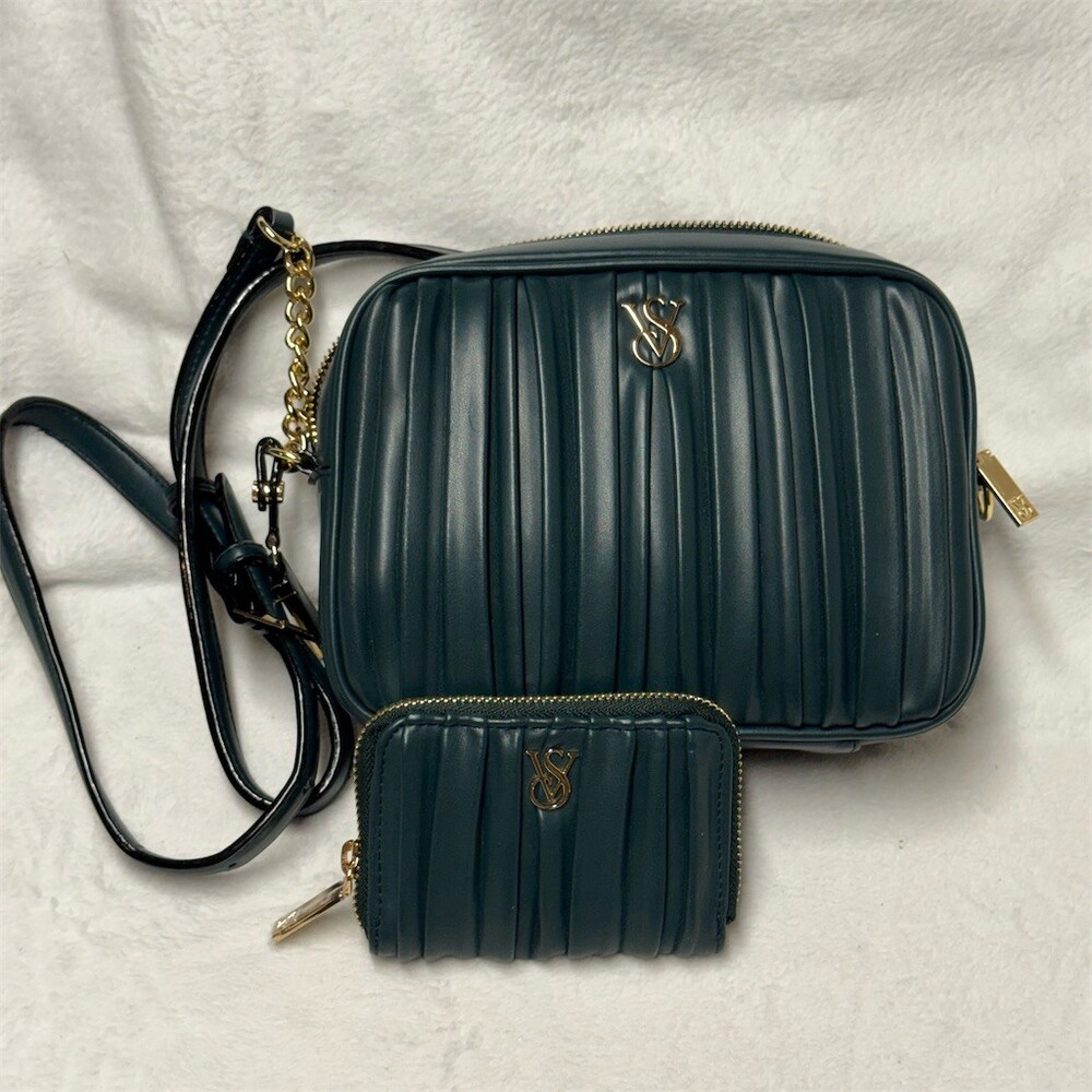 Victoria's Secret VS Camera Crossbody Bag Dark Green + Matching Zip Wallet